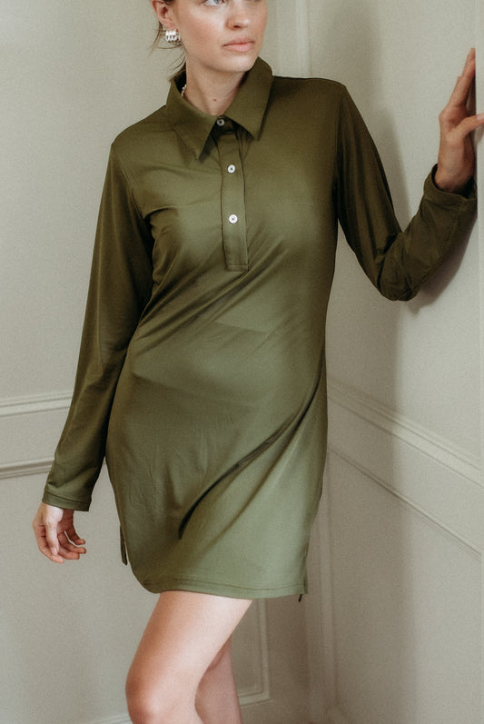 The Polo Dress in olive green, UPF 50+ travel dress